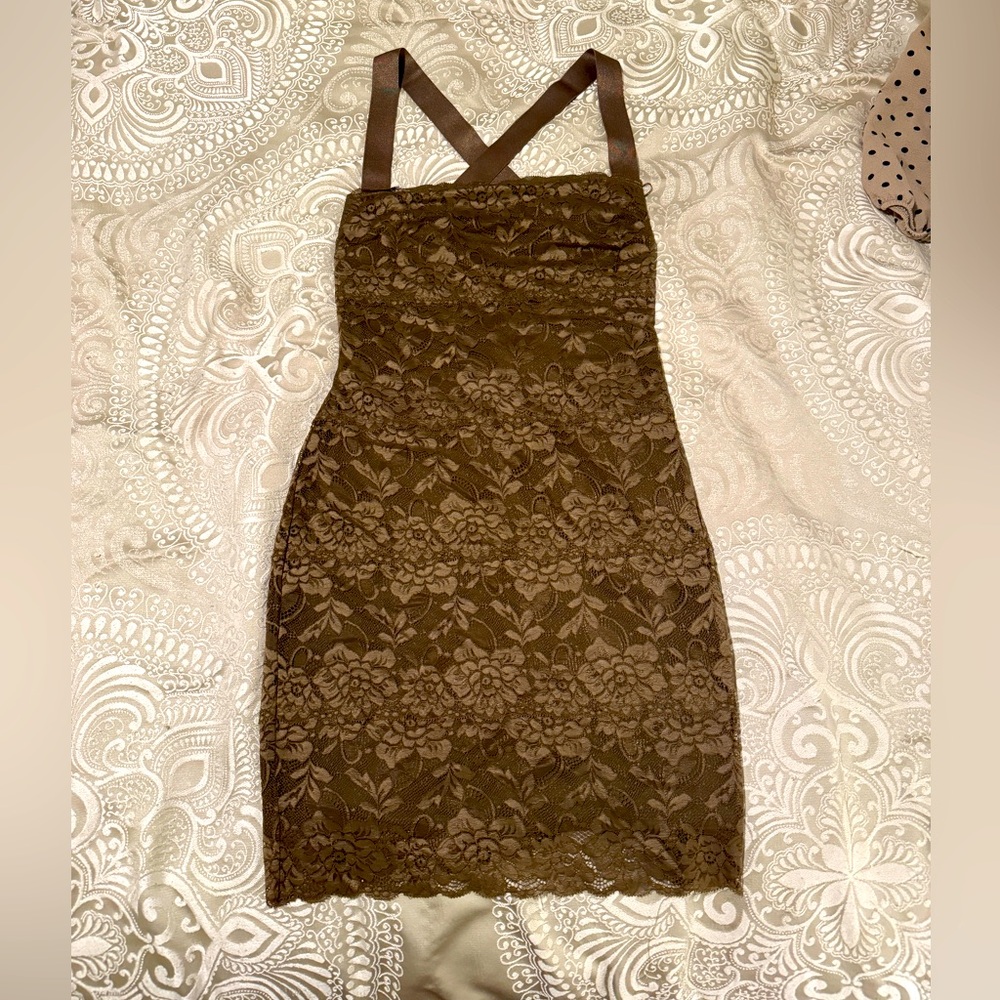 Guess Dark Green Lace Bodycon Cross Strap Mini Dress
